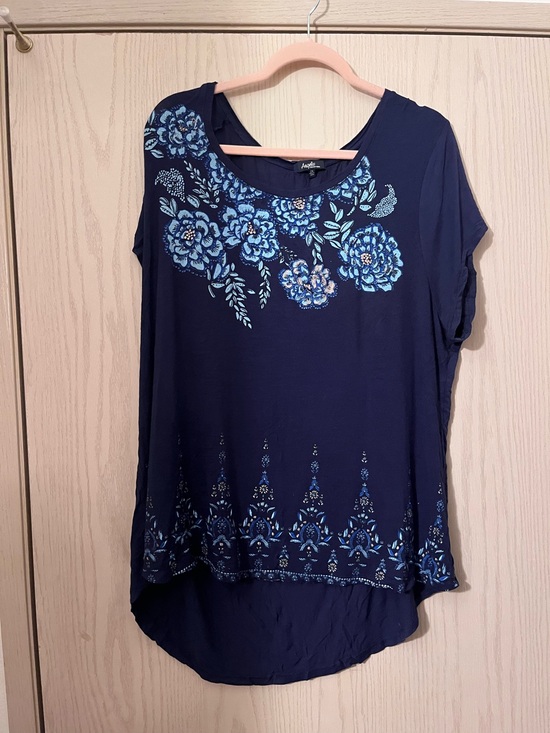Angel Tops - Angel Navy Short-Sleeve Scoop Neck Top with Blue Floral Print
